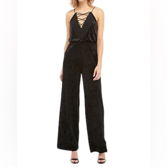 WAYF Posie Lace-Up Jumpsuit In Black Velvet - Picture 1 of 11